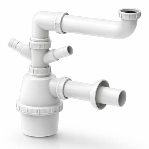 Schläfer 4395321 | Siphon universel à fiasco peu encombrant pour éviers à 1 baignoire 11/2 avec 2 fixations de lave-vaisselle – sortie diamètre 40 mm, vidange lavabo vers un bassin avec rosette