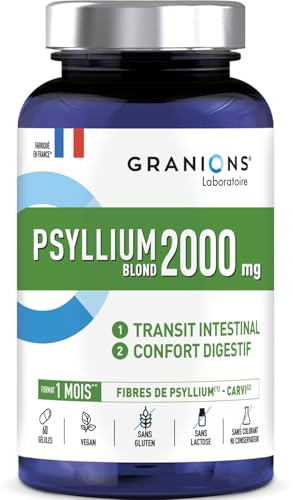 Psillio Biondo 2000 mg 60 Capsule Transito Intestinale - Granions | Psyllium 1760 mg di fibre con estratto di cumino 75 mg, transito intestinale e comfort digestivo, vegan, 1 mese