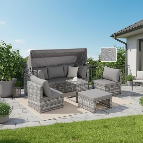 staronce Gartenlounge Set mit versenkbarem Sonnendach – Polyrattan Sonneninsel 194x70x157 cm, modulares Lounge Set mit Sesseln & Sofa, Outdoor Sofa wetterfest für Garten, Terrasse & Balkon
