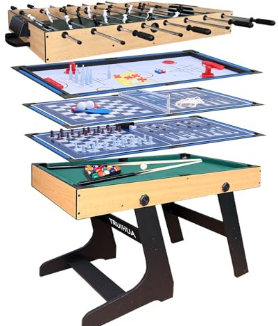 Tavolo da Gioco Multifunzione 12 in 1 Pieghevole con Calcio Balilla, Biliardo, Ping-Pong, Hockey, Shuffleboard, Bowling, Scacchi, Dama, Backgammon e Poker, Completo di Tutti Gli Accessori