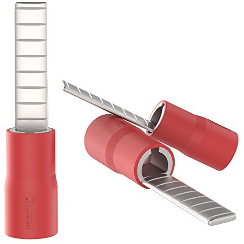 AUPROTEC 100x Spade Connector 0.5 mm² - 1.5 mm² red AWG 22-16 Male Tab-Dimension 2.3 x 10 mm PVC semi-insulated Crimp Terminal Lugs flat type DBV Cable-Joint tinned brass Electrical-Connectors