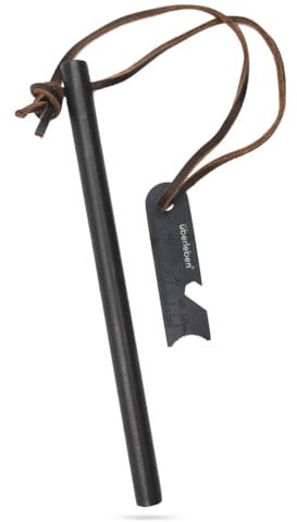 überleben Kräftig Fire Starter 1/2” thick | 5” or 8” lengths | Bushcraft Drilled Ferro Rod with Multi-tool Striker | 20,000+ Strikes | Survival Fire Steel | Shock-cord Lanyard | Size 8 x 1/2