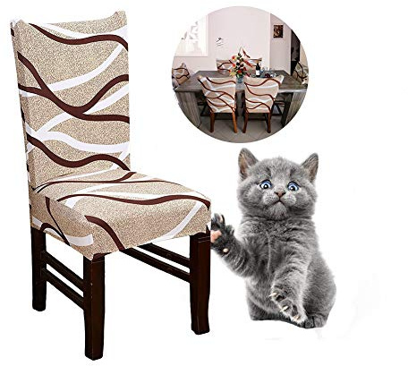 Junyito Stuhlhussen 4er 6er Elastische Set Stuhlhussen Universal Stretchhusse Stuhlbezug Stretch für Stuhl Esszimmer (A-Braun/Weiße Linien, 4 Stücke)