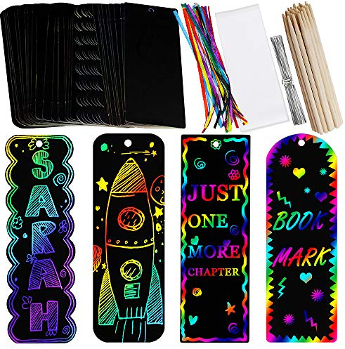 Supla 36 Sets 4 Style Magic Scratch Rainbow Bookmarks Making Kit for Kids Students Party Favor Scratch Paper DIY Bookmarks Bulk with Scratching Tools Satin Ribbons for Classroom Activities