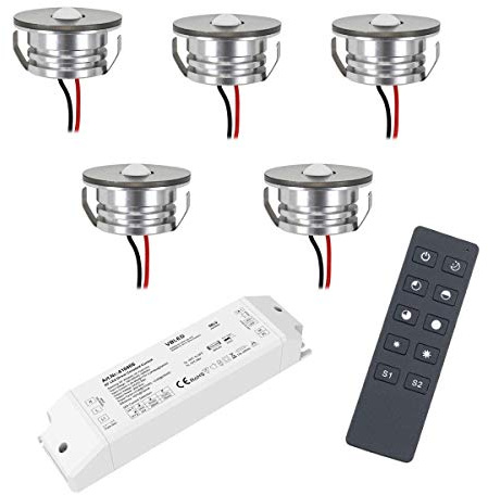 VBLED® 3W LED Mini Spot Einbaustrahler Einbauleuchten IP65 wassergeschützt - 700mA 190lm warmweiß (3000 K) (5-er Set mit Funk Netzteil) [Energieklasse A+]