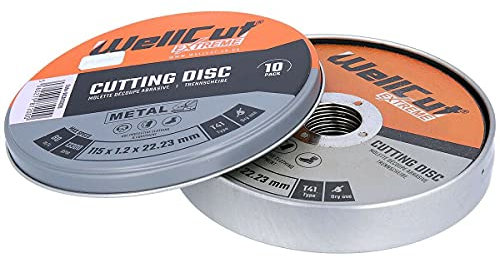 Jeu de 10 disques à tronçonner en métal Disque à tronçonner en acier inoxydable Extreme 115 mm x 1,2 mm x 22 mm dans un boîtier métallique, WCA1152-10, WELLCUT