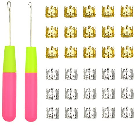 2 Stück Latch Hooks Knüpfnadel Haar Häkelnadel mit 30 Pcs Dreadlocks Silber Gold Metall Verstellbar Braids Schmuck for Latch Hooks Braids