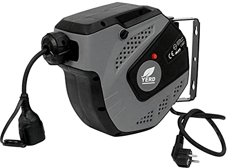 YERD automatische Kabeltrommel 14+1 m (v2021), 230V Verlängerungskabel mit Wandhalterung, 15m Gummi- Profi-Stromkabel (H07RN-F Kabel), Thermoschutz-Schalter, IP34 Schutz