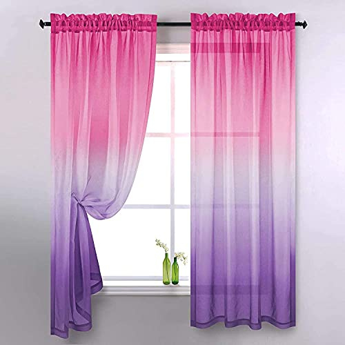 Ricemru Gardinen Vorhänge Farbverlauf Rosa Lila Kurz Voile Vorhang Transparent Bunt Kinderzimmer Junge Mädchen Tüllvorhang Fensterschals 2er Set für Wohnzimmer Schlafzimmer,132x160