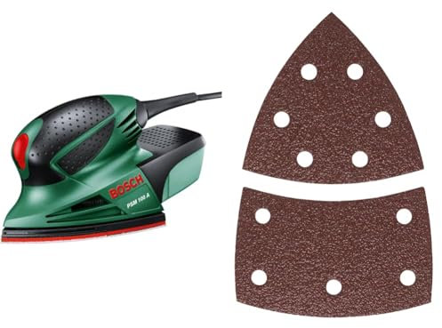 Bosch Home and Garden Levigatrice Multifunzione PSM 100 A, 100 W, in Valigetta + 2609256A63 10 Fogli Abrasivi per Levigatrice Palmare 11 Fori, 102x62, 93mm, Grana 80