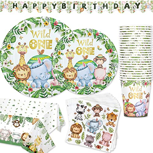Wild One Geburtstag Party Geschirr 98 Stücks Dschungel Safari Thema Papier Teller Tassen Servietten Tischdecke und Banner für Kinder Jungen Mädchen 1st Tier Geburtstag Geschirr Set 24 Gäste