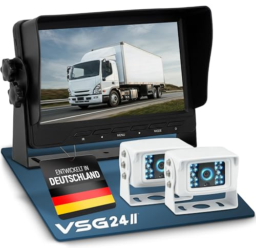 VSG24 Rückfahrkamera Set 7 Zoll Profi Transit HD – wasserdichtes Rückfahrsystem (IP68) mit 2 Kameras – für LKW, Traktor & Baumaschinen – Nachtsicht, 120° Blickwinkel, 2 Videoeingänge – 12V/24V