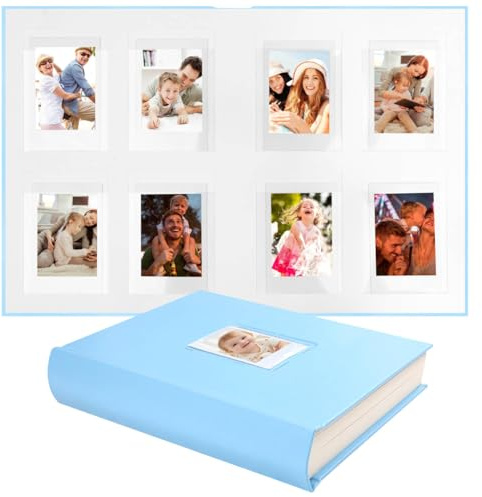 Ruibytree Fotoalbum für Instax Mini mit Schreibbereich, 128 Fotos, Blau | Säurefreie Seiten, PU-Ledereinband, Oben einsteckbar, Hardcover, Gästebuch, Einsteckfach 6 × 9 cm, Für Polaroid 2×3 Fotos