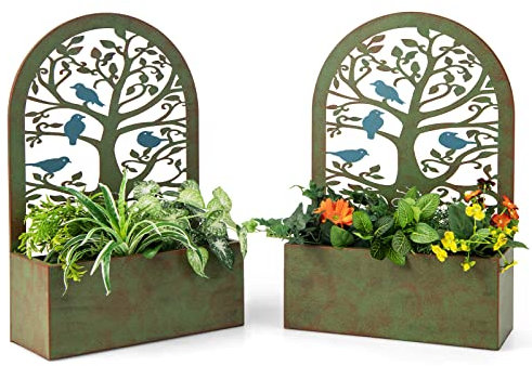 COSTWAY Set di 2 Fioriere Rialzate da Giardino e da Muro con Grigliati in Metallo Robusto, Fioriera con Spalliera per Piante Rampicanti da Interno ed Esterno