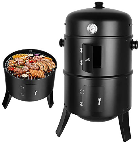TLGREEN Affumicatore 3 in 1, Barbecue a Carbone, BBQ Smoker, Ø44,5 x 80 cm, Con Scarico Aria Regolabile e Termometro, Barbecue Smoker per Grigliare e Cucinare