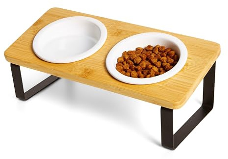 PETLINUS Futterstation Katzen Erhöht, Ergonomischer Katzennapf Erhöht, Fressnapf Keramik und Holz, Futternapf Erhöht für Katzen und kleine Hunde, (Bambus)