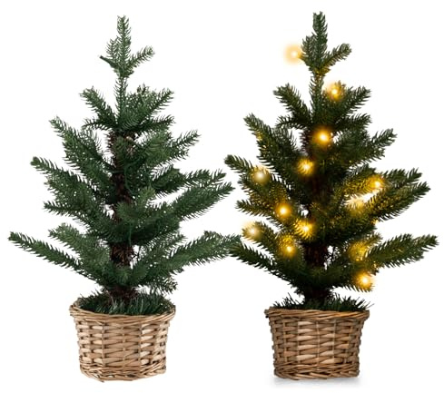 COSTWAY 48cm Kleiner Weihnachtsbaum, beleuchteter Mini Weihnachtsbaum, 20 LEDs in Warmweiß, künstlicher Tisch Weihnachtsbaum, Tannenbaum mit Weidenholztopf & Timer, Christbaum für Haus Büro