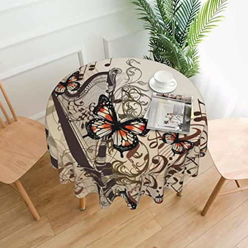 GaxfjRu Tischdecke mit Musikhintergrund mit Harfe und Schmetterling, 152,4 cm, rund, bis zu 101,6 cm, auslaufsicher, knitterfrei, Tischdecke für Küche, Esszimmer, Party