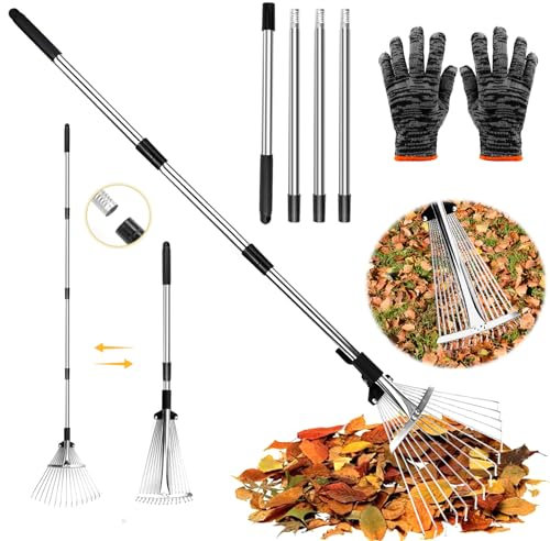 WPPQWP Rasenrechen mit Stiel 207cm, Laubrechen Metall,Rechen Garten, Laubbesen, Fächerbesen Verstellbar, 15 Zinken, Einstellbare Breite (19-37cm), Einstellbare Länge