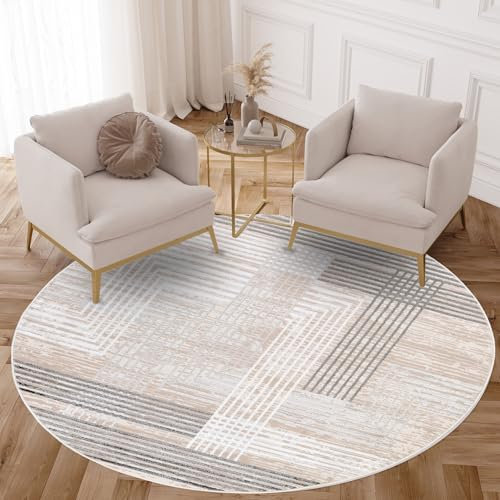 TAPISO Crystal Redonda Alfombra Pelo Corto Brillante Gris Oscuro Gris Claro Blanco Beige Rayas Efecto 3D Salón Dormitorio Diseño Moderno Oeko-Tex 120 x 120 cm