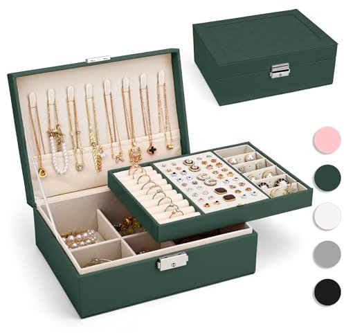 Yarmiene Portagioie da donna, a 2 strati, in pelle PU, per gioielli, da viaggio, per anelli, orecchini, bracciali, collane da donna, verde scuro