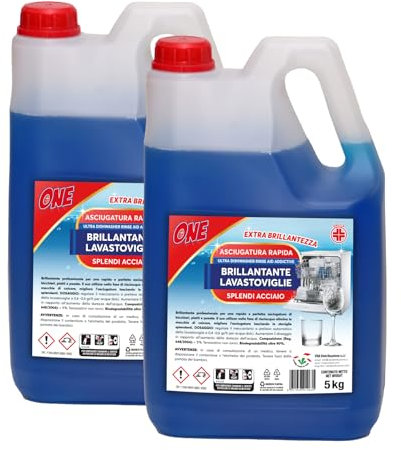 ONE 10 Lt di BRILLANTANTE SPECIFICO PER LAVASTOVIGLIE AD USO PROFESSIONALE Elimina macchie e rende le stoviglie brillanti (2 x taniche da 5 lt) - Fa brillare il vetro e acciaio - Asciugatura rapida
