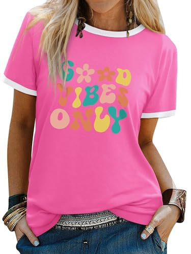 Dresswel Women Good Vibes T-Shirt Rainbow Graphic Print Tee Shirts Summer Tops | Casual Short Sleeve Graphic Print Basic Tshirts, Ringer T Shirt, Ladies Tshirts, Fashion, Letter Print