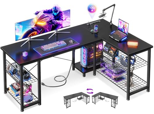 Casaottima 51 Inch L Shaped Gaming Desk with Shelves & Power Outlets, Reversible Computer Desk with Storage Shelves for Home Office, Black