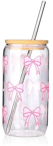 Hebterrka Elegante vaso de cristal de 16 oz con tapa y pajita, dos opciones de estilo de pegatinas diferentes, diseño de lazo coqueto, puede utilizarse para café, cócteles y más