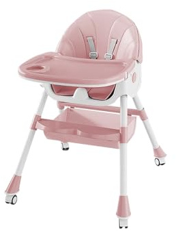 Chaise Haute Bébé Evolutive Chaise enfant 4 Réglable en Hauteur,Pliable, avec Roues Intégrées et Harnais de Sécurité à 5 Points Idéale pour Manger, Jouer et Dormir-Six en un – Rose