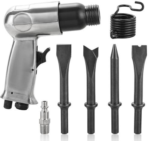 AMGSH Kit de marteau pneumatique de 150 mm, marteau pneumatique 4500 BPM avec 4 burins (pointeau conique, coupe-panneau, ciseaux à souder plats et par points), ressort et raccord – Outil de pelle à