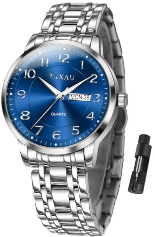 Taxau Armbanduhr Herren Analog Quarz wasserdichte Luxus Business Edelstahl Herrenuhren Multifunktion Leuchtdatum Elegantes Geschenk