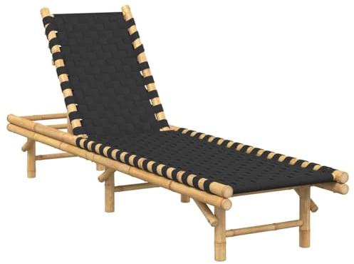 vidaXL Sonnenliege mit schwarzem gewebtem Gurtband 55x200x30 cm Bambus, Sonnenbett, Liege, Outdoor Chaiselongue, Gartenliege, Outdoor-Liege