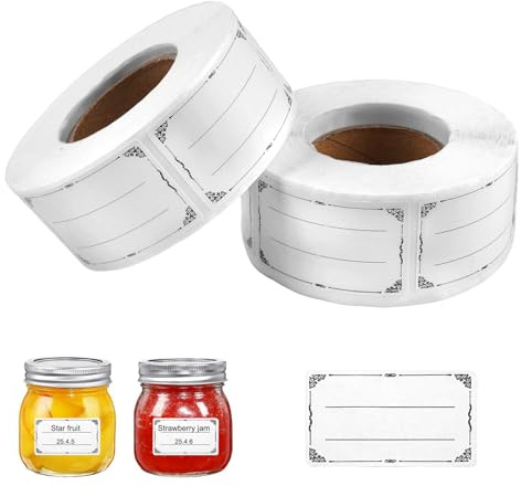 2 Rolle 1200 Stück Etiketten Selbstklebend Marmeladen, Weiß Klebeetiketten zum Beschriften, 3×5 cm Gefrieretiketten Einfrieren, Tiefkühletiketten, Aufkleber für Marmeladengläser, Flaschen, Tüten