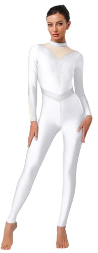 Agoky Damen Langarm Turnanzug Gymnastikanzug mit Lange Hose Glitzer Strass Sport Jumpsuit Ballett Tanz Overall Eiskunstlauf Body Leotard Weiß XL