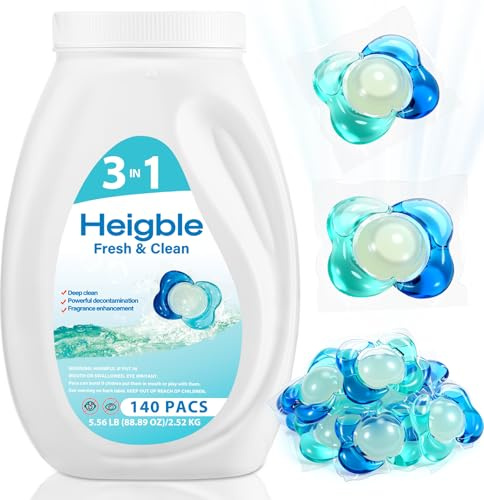 Heigble 140 Count Laundry Detergent Pods Bulk 3 in 1 Laundry Detergent Pods Remover Eliminates Odors, Stains, Scent