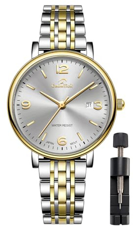 AVTREK Classic Business Damen-Armbanduhr | Armband aus Edelstahl & echtem Leder | 3 ATM wasserdicht | VJ12 Japanisches Uhrwerk, Damenuhr, günstiger Kalender, geeignet für alle Gelegenheiten