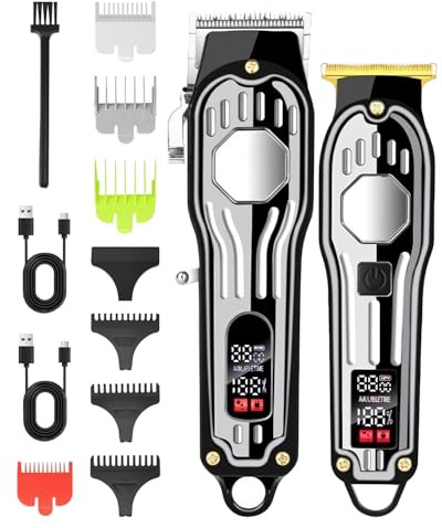 Tondeuse Cheveux Hommes Professionnel, Tondeuse Barbe et Cheveux Homme, Kit Tondeuse et T-lames Trimmer Homme, Tondeuse à Cheveux Électrique IPX7 Étanche à L'eau, Tondeuse à Cheveux Kit Avec Ecran LED