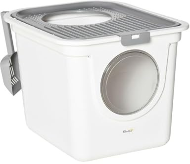 Arenero para Gatos Cubierto con Pala – Inodoro con 2 Puertas (Frontal y Superior), 44 x 55 x 39 cm, Blanco y Gris