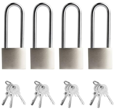 4 Pcs Long Silver Shackle Padlock with Keys Heavy Duty Outdoor Gym Locker | Shed Fence Garage Gate, Outside Indoor Suitcase Lock Padlock Set