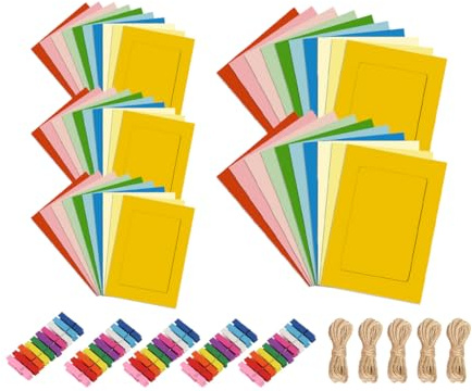 Hitopin Cornici in Carta con Clip e Corde,50PCS Colorate per Appendere Foto,11,5*15,5cm,Mini Cornice di Carta per Foto,Cornici in Carta Colorata,per Casa Scuola Ufficio Parete DIY Sospesa Decorazione