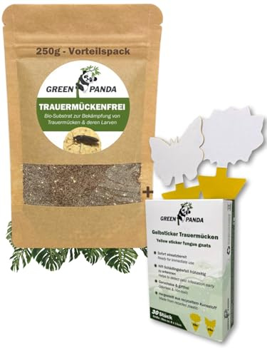 GreenPanda Effektiv Larven in Erde & Trauermücken bekämpfen - Bio Substrat | 2 in 1 Bio-Substrat zum Trauermücken loswerden - 250g + 30 Gelbsticker für 10 Töpfe á 20L - Vorteilspackung