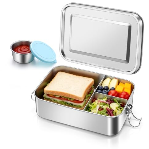 Onader Lunch Box 1400ML, Stainless Steel Bento Lunchbox with Sauce Pot and 1pc Removable Compartment, Leak-Proof Salad Food Storage Container for Kids & Adults, Sturdy & Dishwasher Safe