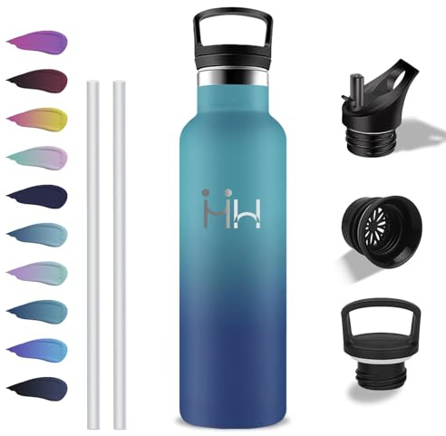 Grsta Trinkflasche Edelstahl, 750ml Thermosflasche, Trinkflasche mit Strohhalm, BPA-Frei, Wasserflasche Auslaufsicher, Doppelwandige Vakuumisolierte, für Reisen, Wandern, Camping, Büro