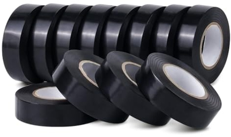 CHUANGSEED 12 Rolls Black Electrical Tape 19mm x 20m Black Strong Self-Adhesive PVC Electrical Insulation Tape for Insulating, Repairing and Protecting Electrical Wires Installations Connections