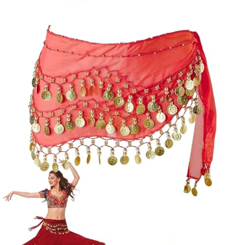 Bufandas De Cadera para Danza del Vientre, Cinturón Danza del Vientre con Monedas, Pañuelo Triangular Egipcio, para In Representaciones Teatrales (Rojo)