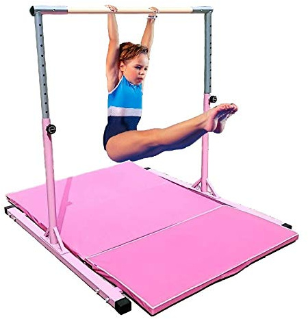 Pro-Gymnastics Adjustable Gymnastics Kip Bar Horizontal Bar - 6 FT x 4 FT Gym Tumble Mat - Junior Gymnastics Expandable Training Bar Height Adjustable Up to 5 FT - 13 Levels (Pink)