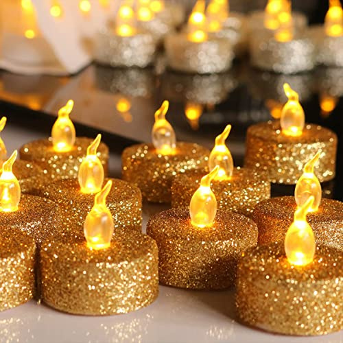 Aulaygo 12PCS Gold Tea Lights,Glitter Tealights Candle Battery Operated Warm White Flickering for Christmas Halloween Home Decor Wedding Anniversary Party Table Decoration