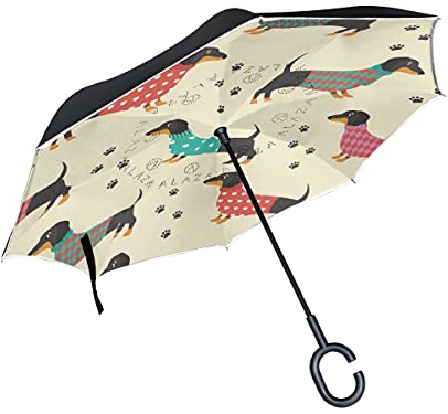 hengpai Niedlicher Regenschirm mit Dackel-Motiv, umgekehrt, winddicht, UV-beständig, doppelschichtig, für Damen