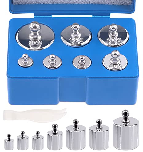 Mardatt Juego de 8 pesos de calibración de báscula de precisión, 10 g, 2x20 g, 50 g, 2x100 g, 200 g, báscula de joyería, clase M2 (totalmente 500 g)